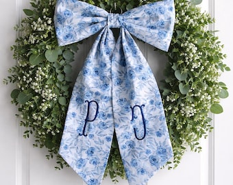 Personalized Floral Wreath Bow, Blue Floral Door Bow, Custom Wreath Sash, Personalized Door Decor, Double Initial Wreath Bow
