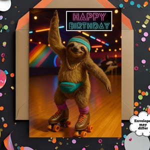May include: A birthday card featuring a sloth wearing a headband, fanny pack, gold chain, and roller skates. The card has the words "Happy Birthday" in a neon-style font. The card is inside a brown envelope, with colorful confetti scattered around.