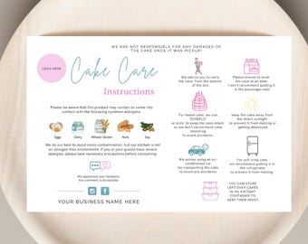 cake care card, care instructions, Allergen Notice, Editable Template (Digital Download)