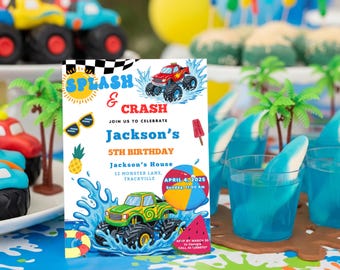 Invitación para fiesta en la piscina con temática de monster trucks, invitación de cumpleaños con temática de Splash Bash, plantilla editable de Canva (descarga digital)