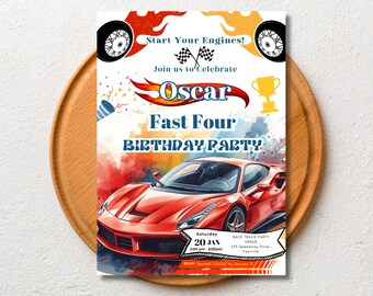 Invitación de cumpleaños con temática de coches de carreras, rápida y cuatro coches de carreras. Plantilla editable de Canva (descarga digital).