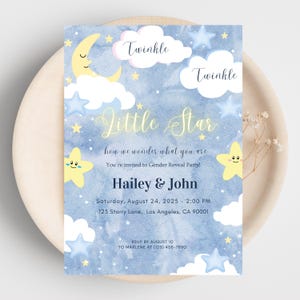 Twinkle Twinkle Little Star Invitation Gender Reveal Party, Clouds and Stars, twinkle little star, he or she editable invitation Canva