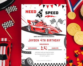 Invitación de cumpleaños de un coche de carreras de 4 velocidades para niño (4.º cumpleaños) - Plantilla editable de Canva 808