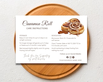Cinnamon roll care card instructions editable in Canva for bakery packaging. 951