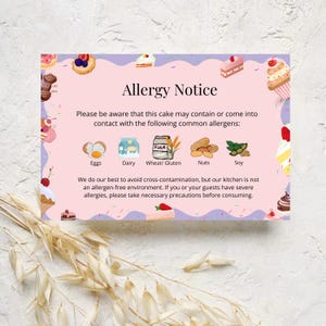 Modello modificabile Canva per scheda di cura delle torte Home Baker, scheda di cura con avviso di allergia, con download immediato.