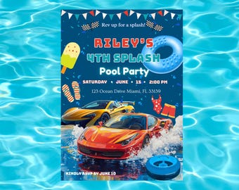 Fast and Four Birthday Invitation | Race Car Pool Party Invite | Fast Car Birthday Party | Editable Canva Template | Instant Download