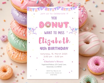 Donut Birthday Invitation Editable 4th Birthday Invite Girl Donut Theme Party You Donut Want to Miss Template Instant Download