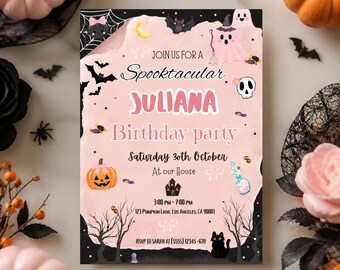 Halloween Invite Spooktacular Birthday Invitation Editable Coquette Pink Ghost Pumpkin Template Digital Download