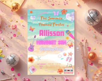 Beach Swimming Party Invite, Midnight Sun Teen Birthday Invitation, Editable Canva Digital Download 1743