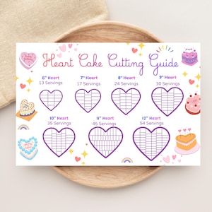 Puede incluir: Una guía blanca para cortar pasteles en forma de corazón sobre un plato de madera. La guía presenta diagramas en forma de corazón con instrucciones de corte para pasteles de 15 a 30 cm, con recuento de porciones. Elementos decorativos: corazones, estrellas e ilustraciones de pasteles.