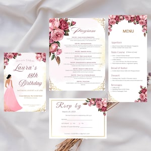 Modèle d'invitation floral et or pour 18e anniversaire | Invitation de fête d'anniversaire | Téléchargement numérique | Modèle modifiable | Anniversaire marquant