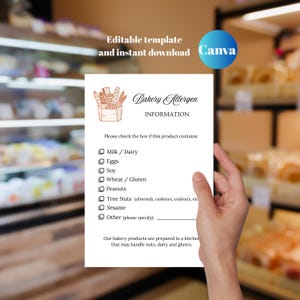 Bakery Food Allergen Card | Printable Allergy Card for Bread and pastries Packaging | Minimalist Food Allergy Label Template