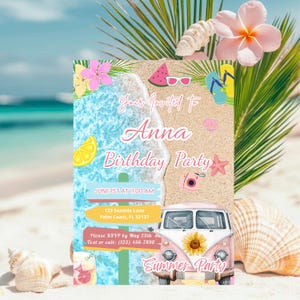 Sumer Invite Beach Birthday Invitation | Editable Template | Luau Pool Party Invite