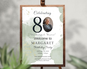 Sage Green 80th Birthday Welcome Sign: Editable Canva Template (Digital)