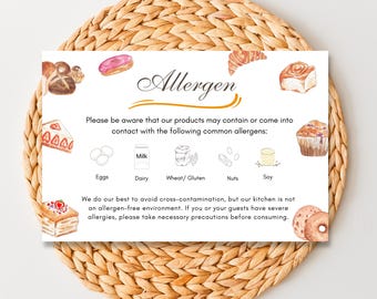 Allergen Card Warning Digital Download, Bakery Business Packaging Insert