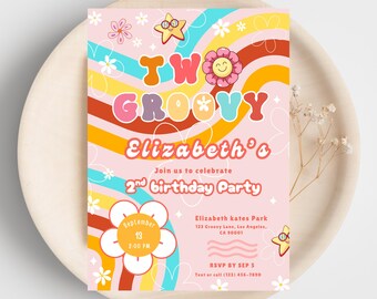 Two Groovy Birthday Invitation,Hippie Party Theme Editable canva template.