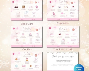 Cake Care Card Template, Cupcake, Brownie, Cookie Instructions, Packaging Insert, Canva Template