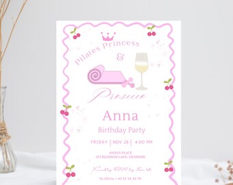 Invitación a Pilates y Prosecco, Plantilla editable de Canva para invitación a Pilates en rosa (Descarga digital)