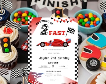 Two Fast Birthday, Race Car birthday invite, Editable Canva Template (Digital Download