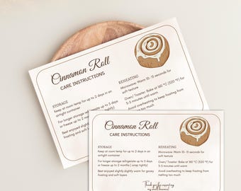 Cinnamon Roll Care Card, Bakery Care Instructions Printable, Editable 6x4 Template Digital Download, Cinnamon bread
