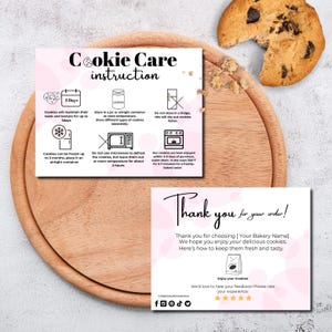 Onderhoudskaart voor koekjes bewerkbaar, onderhoudsinstructies voor koekjes, bijsluiter bakkerijverpakking voor gebruik door de klant en bedankjes