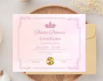 ピラティスプリンセス認定証テンプレート、フィットネス賞、Canvaで編集可能な印刷可能なピンクの認定証