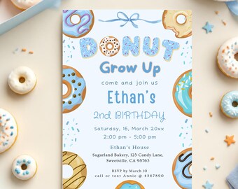 Donut Birthday Invitation boy, Donut Theme Party 2nd Birthday Invite Blue Donut Template Instant Download