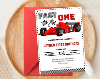 Fast One Birthday, Race Car Invite Editable Formula One Canva Template ( Digital Download)
