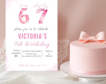67 Birthday Invitation pink bow coquette theme party Digital download