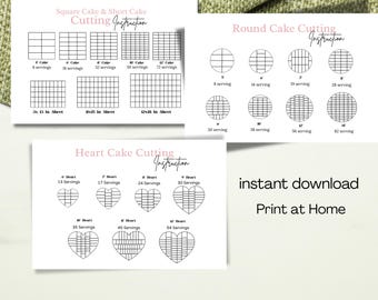 Cake Cutting Guide Printable Card, Cake Serving Chart Round Heart Square Sheet Cake, Baker Tool Instant Download