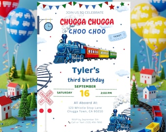 chugga choo choo Train Birthday Invitation, Editable Canva Template (Digital Download)