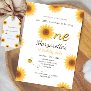 Sunflower First Birthday Invitation: Rustic Floral Canva Template (Digital Download