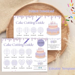 Modèle de guide de coupe de gâteau modifiable | Tableau de service de carte de gâteau | Taille des portions de coeur et de gâteau rond | Aide-mémoire pour la pâtisserie PDF