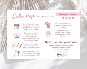 Cake Pops Care Card Printable – Cake Pop Packaging Insert with Storage Instructions