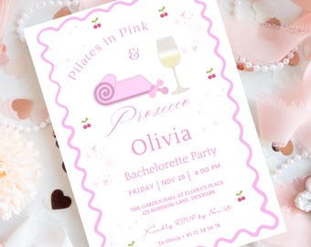 Pilates Princess  Bachelorette Party Invitation Pink Prosecco, Editable Canva Template (Digital Download)