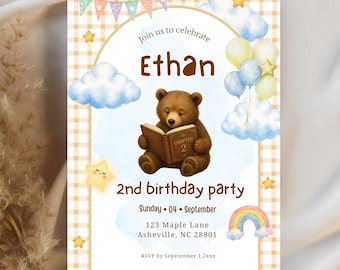 Chapter Two 2nd Birthday Invite Editable Bear Reading Book Clouds Rainbow Balloons Gingham Template Instant Download