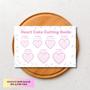 Op de afbeelding: Een witte gids voor het snijden van hartvormige cakes, met roze hartdiagrammen en informatie over porties. De tekst "Heart Cake Cutting Guide" staat bovenaan. De gids bevat hartmaten van 15 cm tot 30 cm. "Instant Download JPG & PDF FILE" staat onderaan.