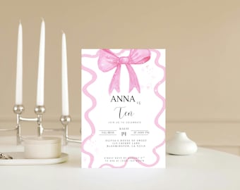 Invitación de cumpleaños número 10 con lazo rosa coqueto – Plantilla editable, descarga digital