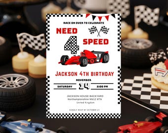 Invitación de cumpleaños con temática de Need for Speed: Coche de carreras, para niño de 4 años (plantilla editable de Canva)