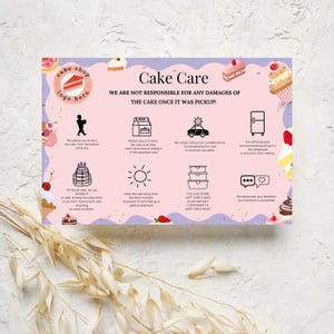 Cartão de cuidados com bolo editável, instruções de cuidados com confeitaria, modelo para impressão 6x4