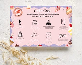 Kuchenpflege Karte, Kuchen Anleitung Verpackung Insert für Bakery Business Bearbeitbarer digitaler Download