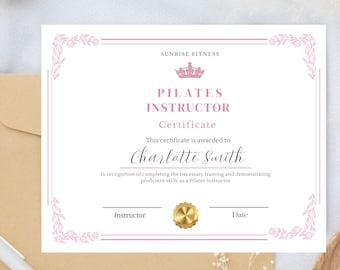 Pilates Instructor Certificate Template | Editable Canva Certificate for Fitness Teachers | Printable Professional Award