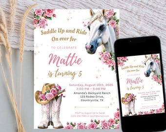 Horse Birthday Invitation, Saddle up Cowgirl party Invite ( Digital Download)