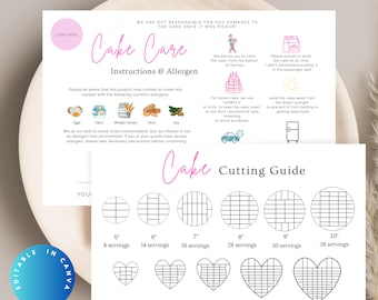 Editable Cake Care Card: Baker's Guide with Allergen Info & Cutting Chart (Digital Download)