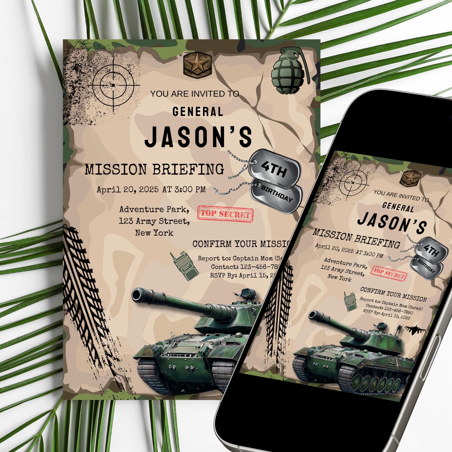 Army Birthday Invitation: Camouflage Tank, Top Secret Mission (canva ...