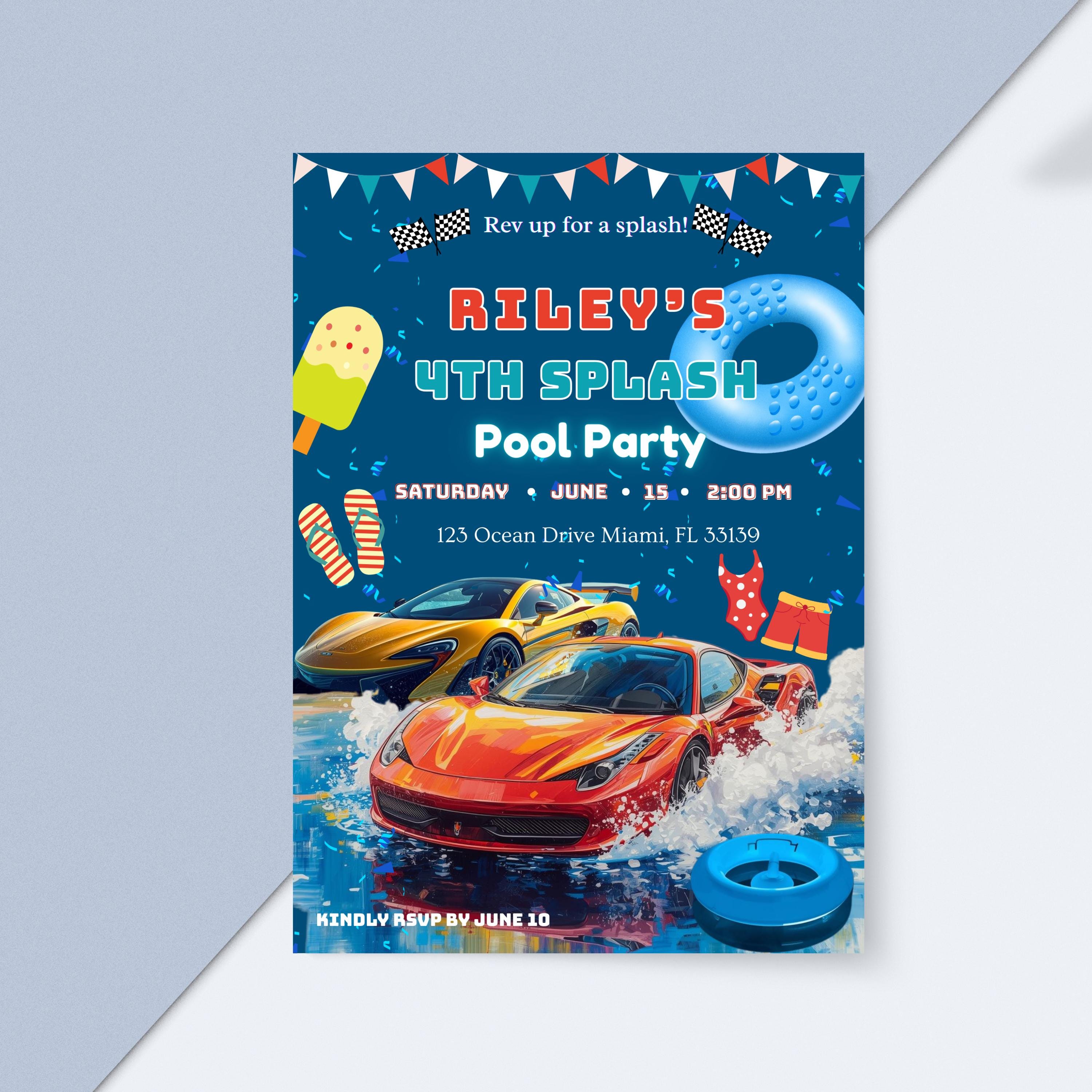 Fast and Four Birthday Invitation | Race Car Pool Party Invite | Fast ...