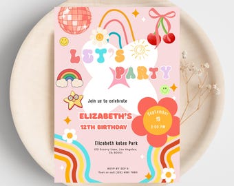 Groovy Theme party invitation, Groovy 12th birthday Editable Canva Template,