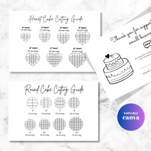 Può includere: Due guide per tagliare le torte, una per torte a forma di cuore e una per torte rotonde. La guida a cuore mostra come tagliare torte da 15 cm a 30 cm. Include un biglietto di ringraziamento e un logo Canva.