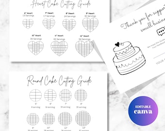 Heart Cake Cutting Guide & Round Cake Serving Card, Canva Editable, Minimalist Design (866)