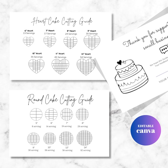 Heart Cake Cutting Guide & Round Cake Serving Card, Canva Editable, Minimalist Design (866)